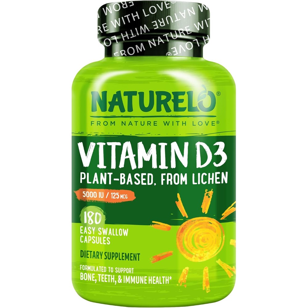 NATURELO Vitamin D 5000 IU Plant Based From Lichen Natural D3 Supplement For Immune System Bone Support Joint Health 180 Capsules