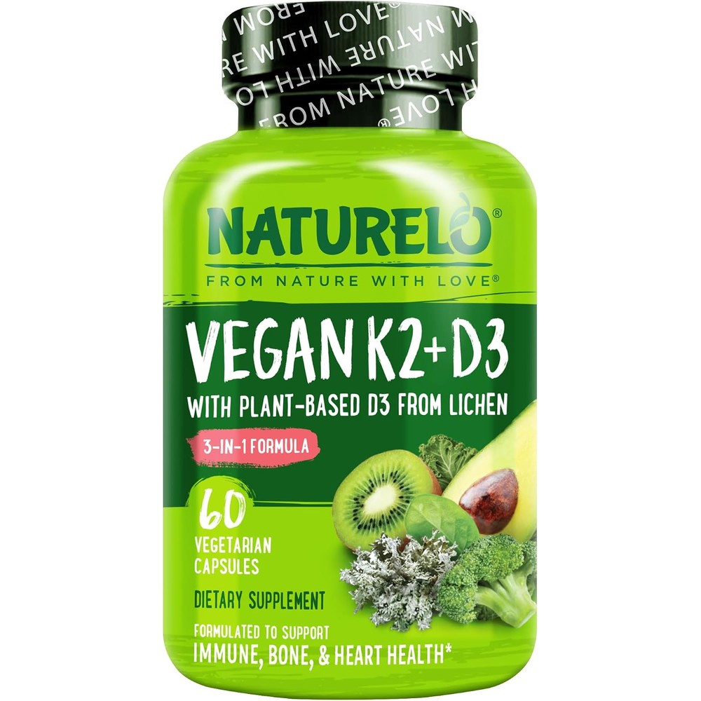 NATURELO Vitamin D3 K2 Vegan Supplement with Plant Based D3 from Lichen and MK7 for Immune Bone and Heart Health, 60 Vegetarian Capsules