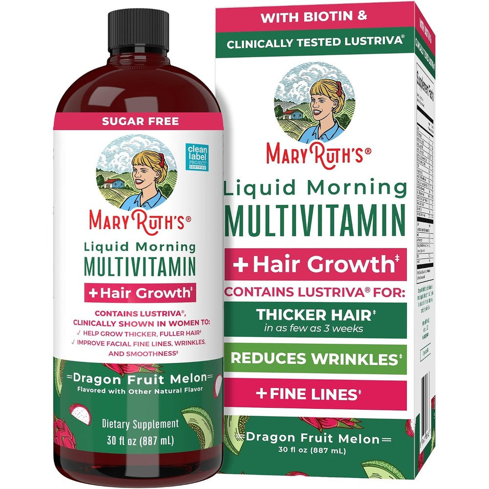 MaryRuth Organics Liquid Morning Multivitamin And Hair Growth Supplement With Lustriva Dragon Fruit Melon 30 Fluid Ounce