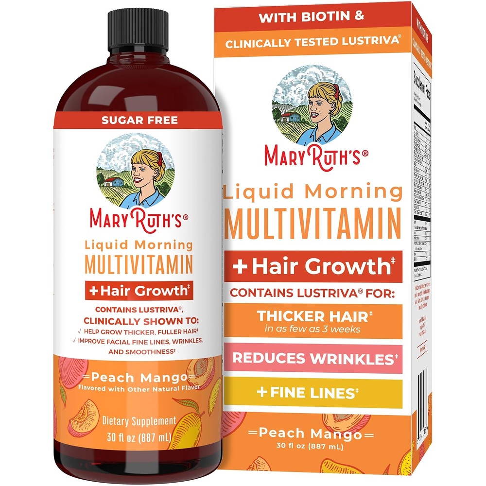 MaryRuth's Liquid Multivitamin and Hair Growth Supplement with Lustriva and Biotin Peach Mango 30 Fluid Ounces