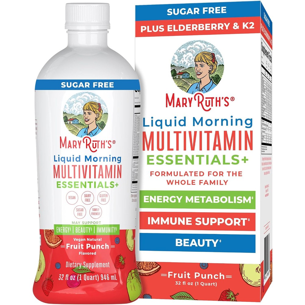 MaryRuth Organics Liquid Morning Multivitamin Essentials Plus 32 Fluid Ounces Fruit Punch Flavor Vegan Sugar Free Multivitamin for Family