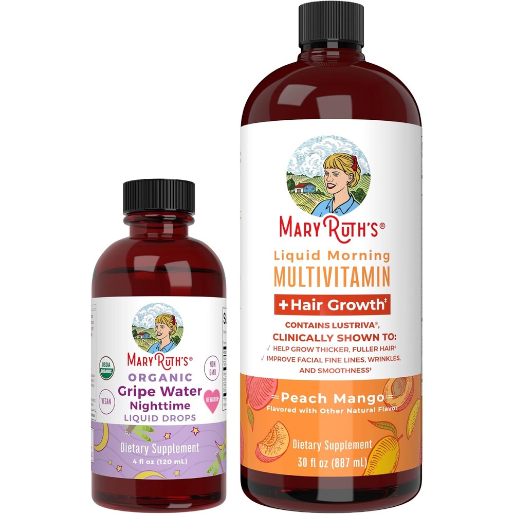 MaryRuth's Organic Nighttime Gripe Water Drops Unflavored 4 Fluid Ounce And Liquid Morning Multivitamin And Hair Growth Peach Mango 30 Fluid Ounce ...