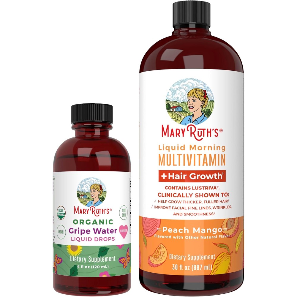 MaryRuth Organics Gripe Water Drops Unflavored 4 Fluid Ounces And Liquid Morning Multivitamin And Hair Growth Peach Mango 30 Fluid Ounces Bundle