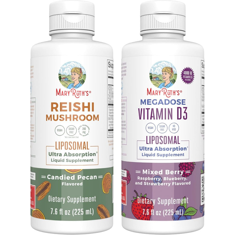 MaryRuth Organics Reishi Liposomal Candied Pecan And Vitamin D3 Liposomal Mixed Berry Bundle 7.6 Fluid Ounces Each