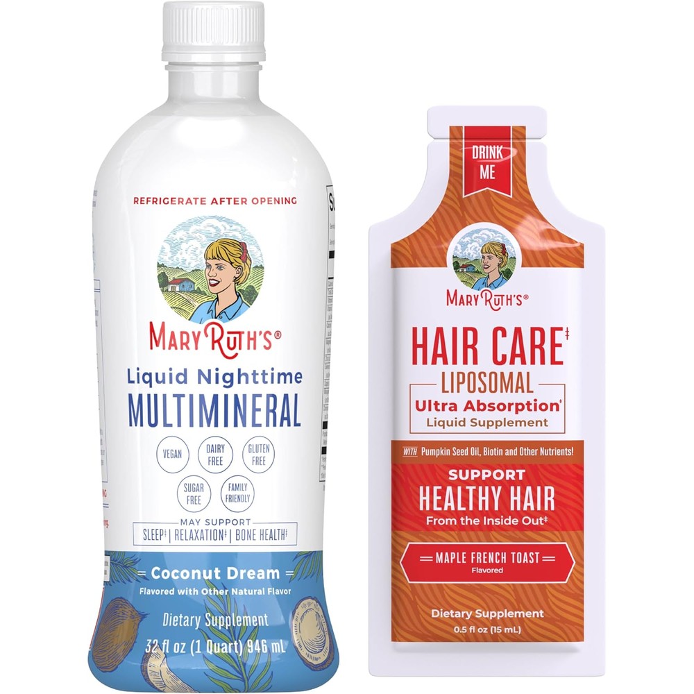 MaryRuth Organics Liquid Nighttime Multimineral Coconut 32 Fluid Ounce And Hair Care Liposomal Maple French Toast Bundle