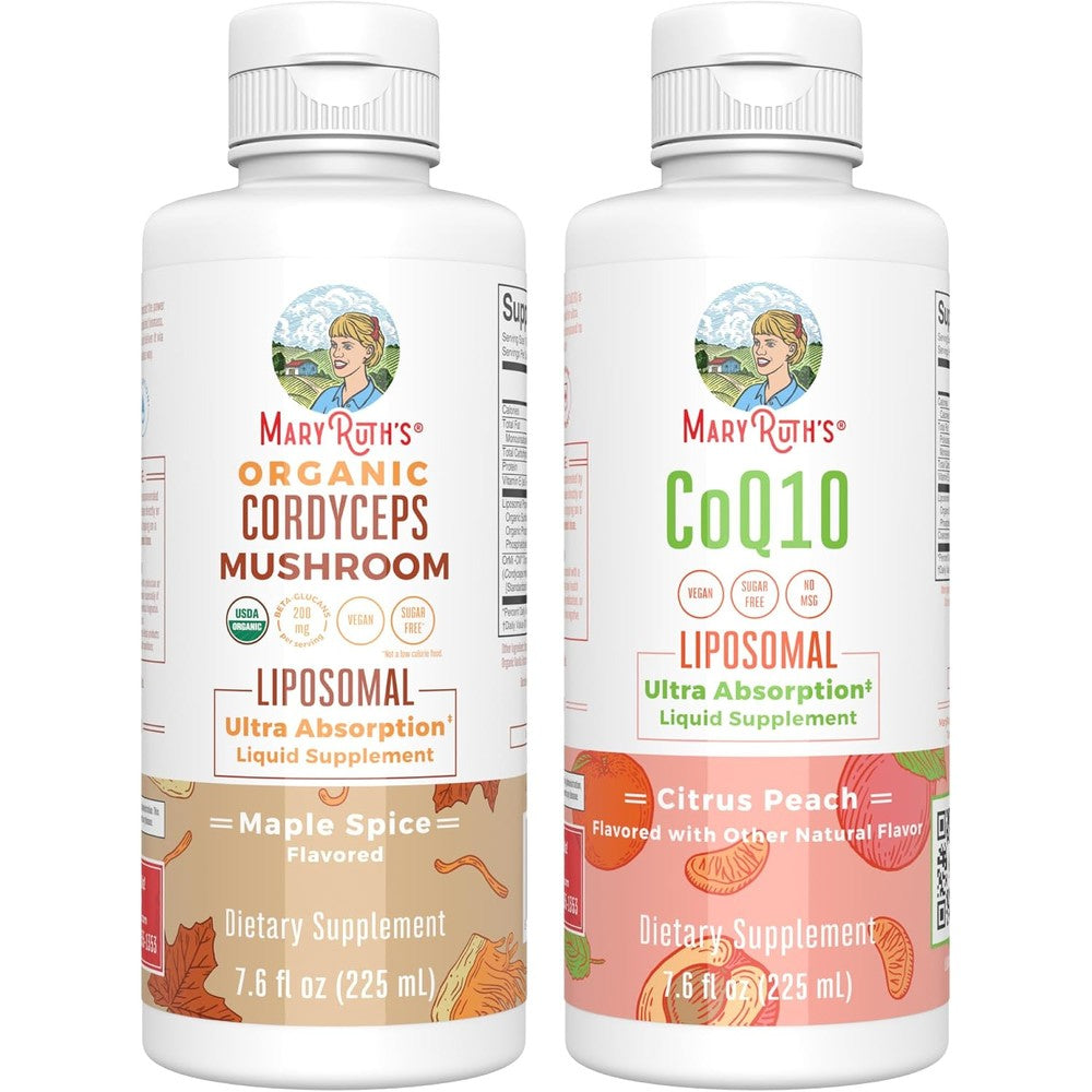 MaryRuth's Organics Cordyceps Liposomal Maple Spice And CoQ10 Citrus Peach Liquid Supplement Duo 7.6 Fluid Ounces Each
