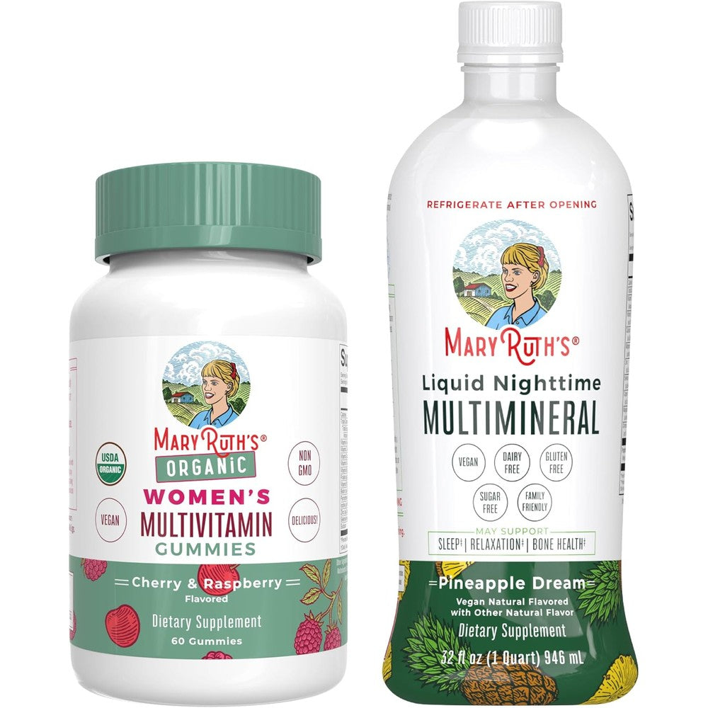 MaryRuth Organics Multivitamin Gummies For Women Cherry And Raspberry And Liquid Nighttime Multimineral Pineapple