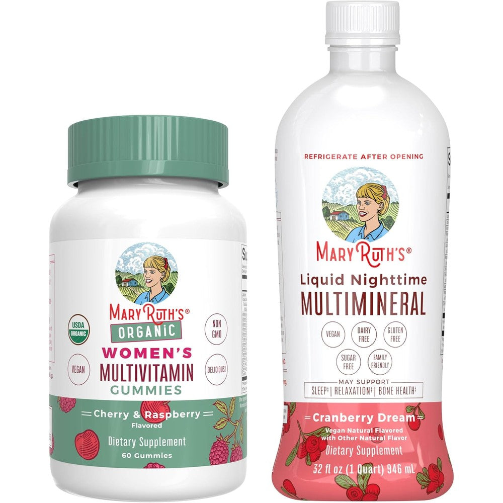 MaryRuth's Multivitamin Gummies For Women Cherry Raspberry And Liquid Nighttime Multimineral Cranberry Dream Thirty Two Fluid Ounce