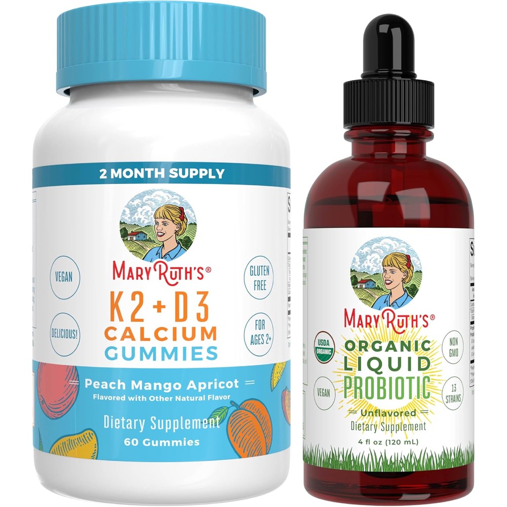 MaryRuth Organics Vitamin K2 Plus D3 Calcium Gummies Peach Mango And Apricot With USDA Organic Probiotic Drops 60 Count