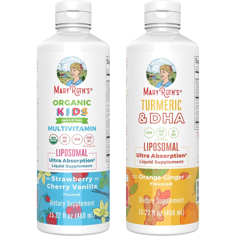MaryRuth Organics Kids Multivitamin Strawberry Cherry Vanilla And Turmeric DHA Liquid Supplement Bundle 450 Milliliters