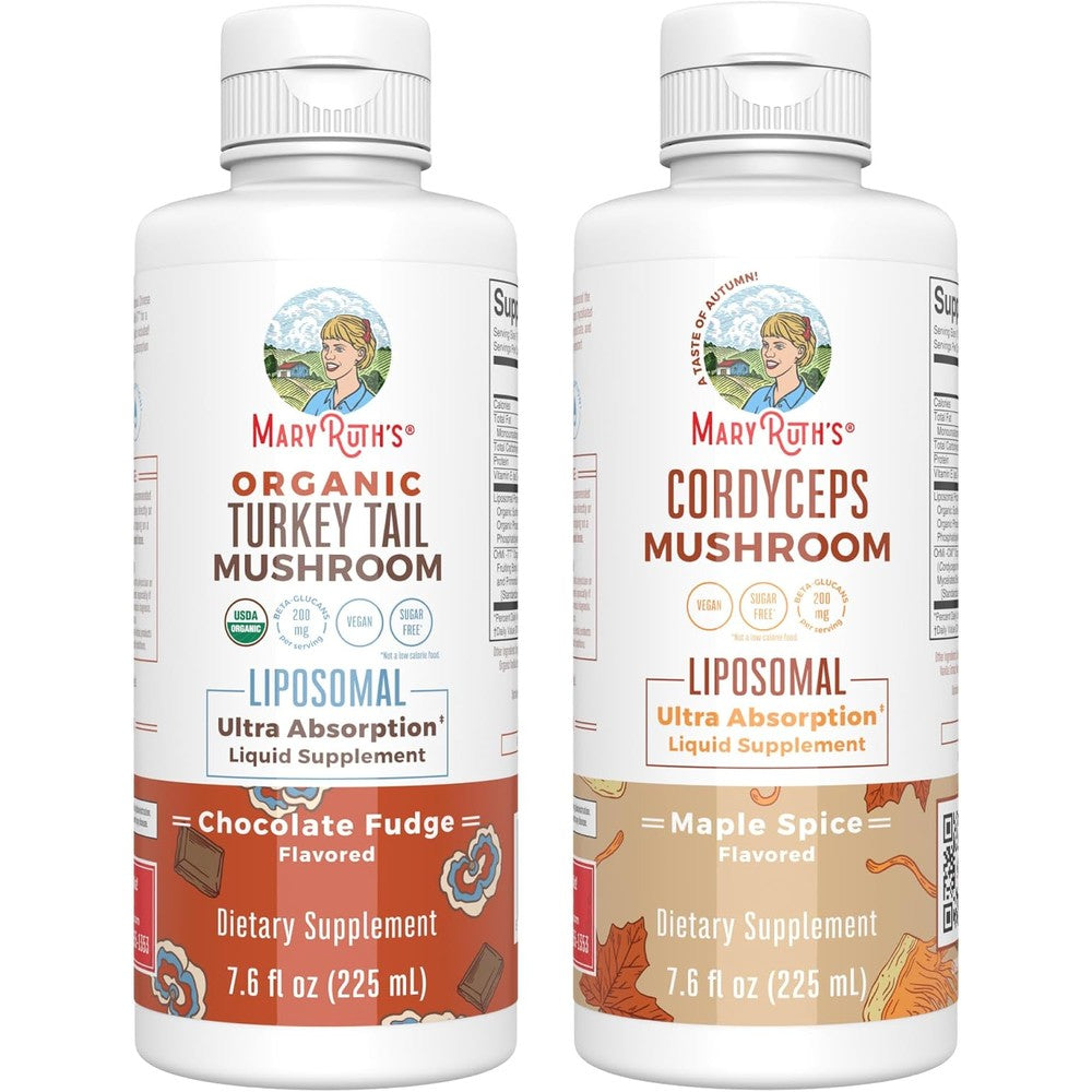 MaryRuth Organics Mushroom Liposomals Turkey Tail Chocolate Fudge And Cordyceps Maple Spice 7.6 Fluid Ounces