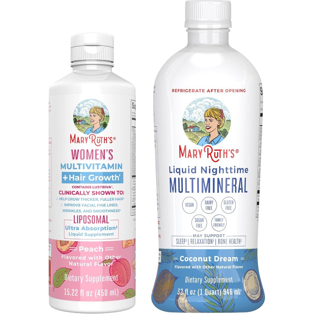 MaryRuth Organics Women's Multivitamin And Hair Growth Liposomal Peach And Liquid Nighttime Multimineral Coconut 15 Fluid Ounce Bundle