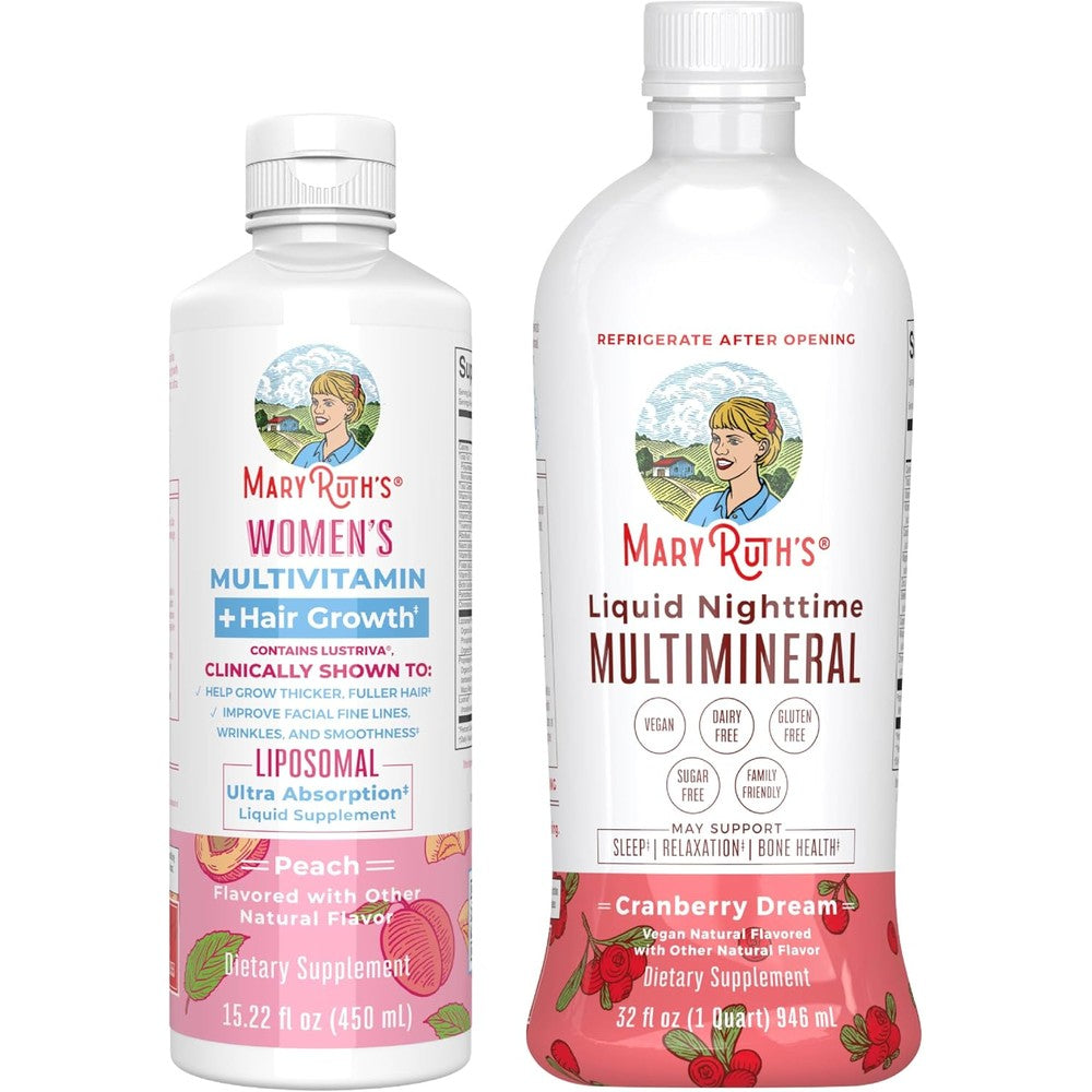 MaryRuth Organics Women's Multivitamin Plus Hair Growth Liposomal Peach And Liquid Nighttime Multimineral Cranberry Bundle
