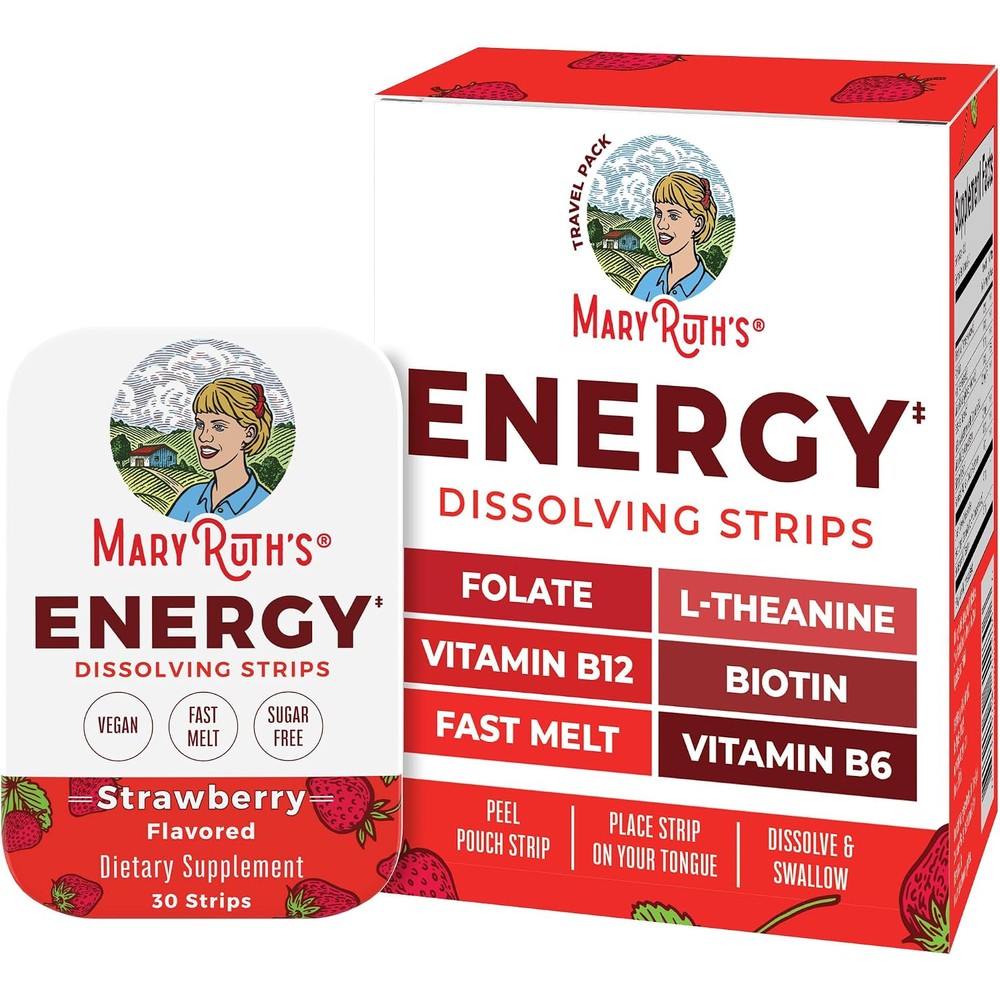 MaryRuth Organics Energy Dissolving Strips B Vitamin Complex 30 Count Strawberry Flavor Vegan