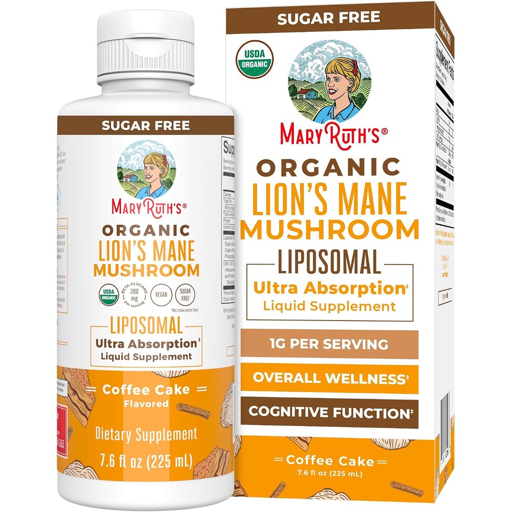 MaryRuth's USDA Organic Lion's Mane Liposomal Mushroom Liquid Supplement Coffee Cake Flavor 7.6 Fluid Ounces