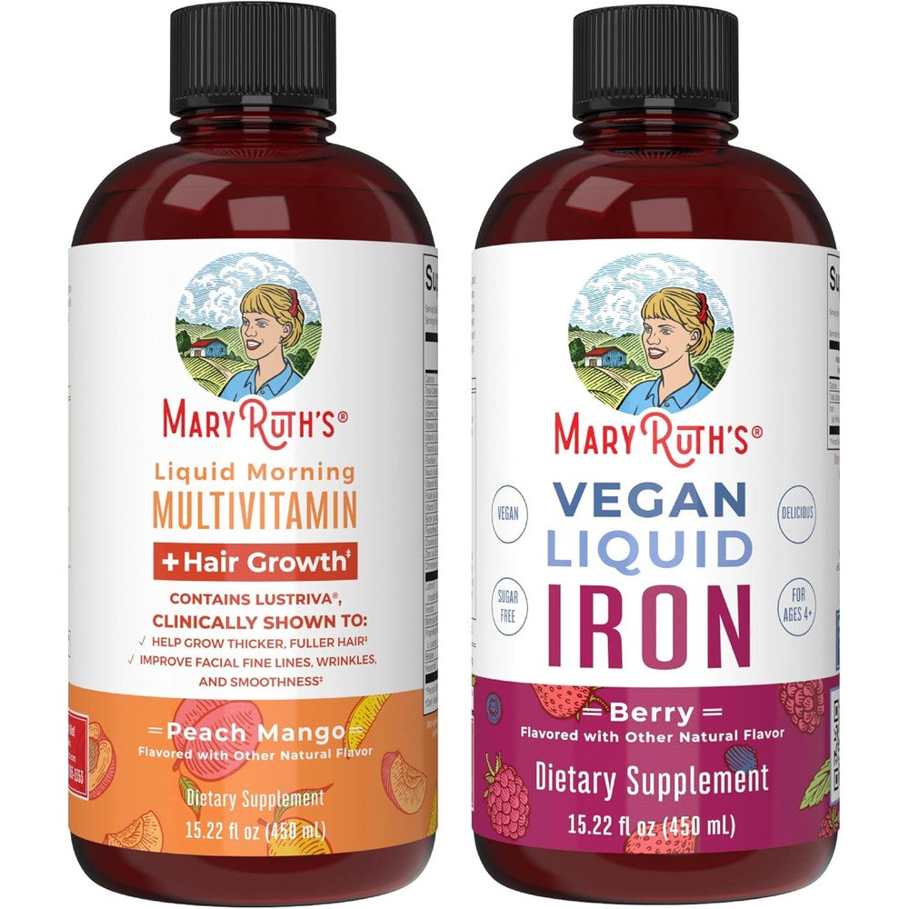 MaryRuth's Liquid Morning Multivitamin And Hair Growth Peach Mango 15.22 Fluid Ounce And Iron Liquid Berry Bundle