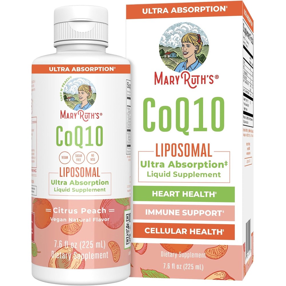 MaryRuth Organics CoQ10 Liquid Liposomal Citrus Peach 75mg Coenzyme Q10 Vegan Heart And Cellular Support 7.6 Fluid Ounce