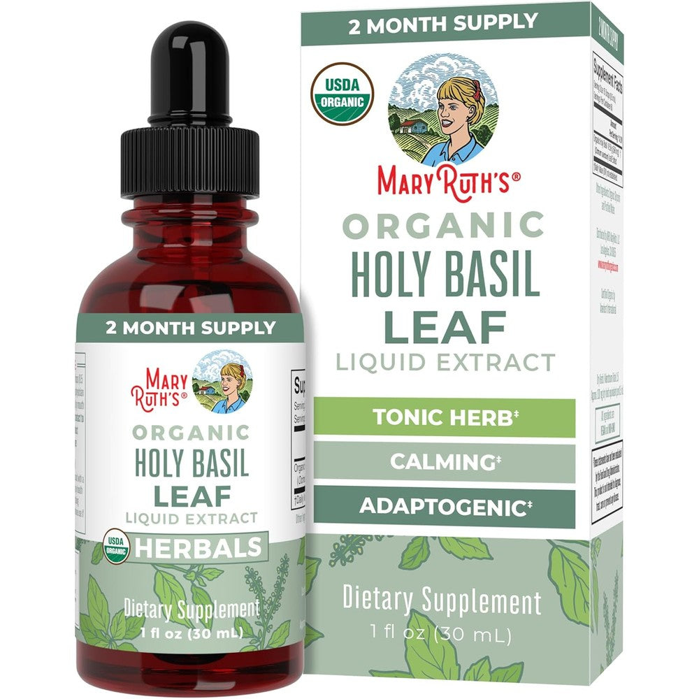 MaryRuth's Organic Holy Basil Leaf Liquid Drops Alcohol Free Tulsi Extract Supplement Unflavored 1 Fluid Ounce