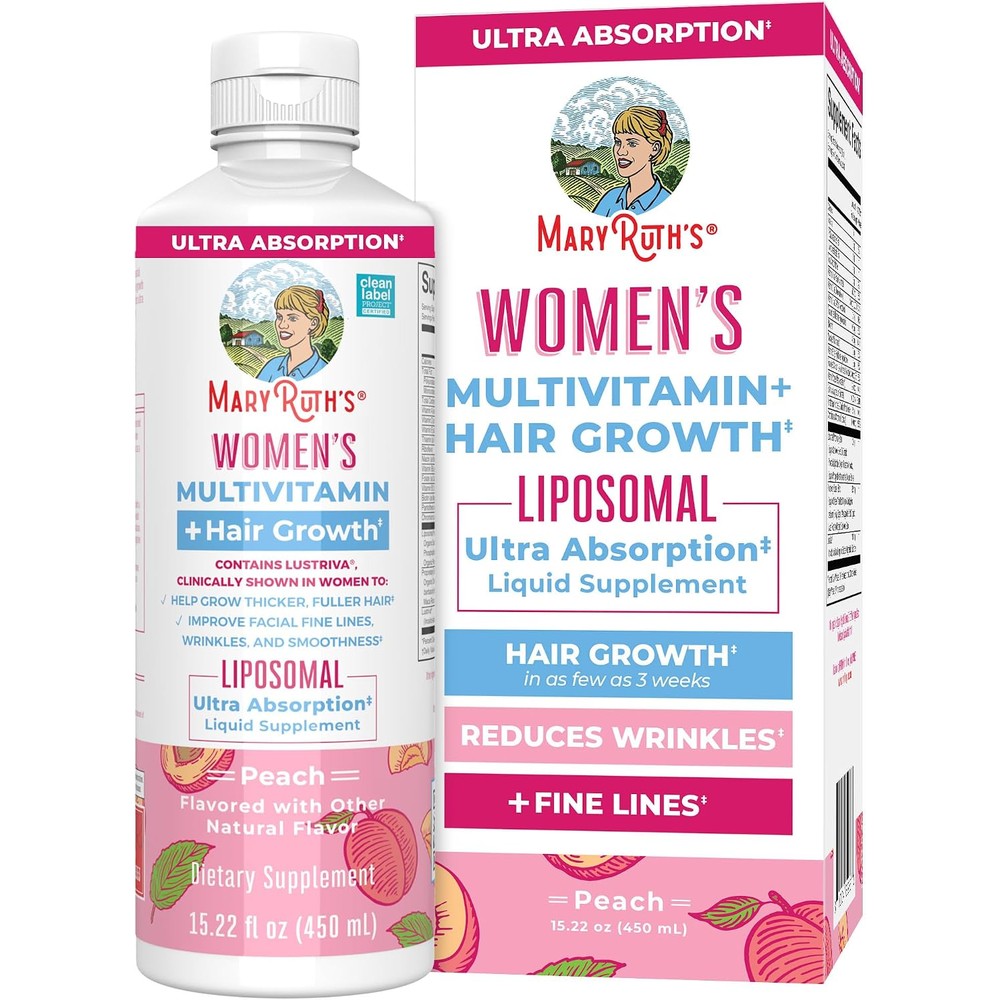 MaryRuth Organics Women's Multivitamin And Hair Growth Liquid Liposomal Supplement Peach Flavor 15.22 Fluid Ounces