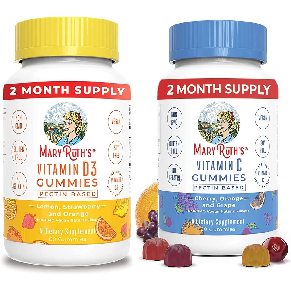 MaryRuth Organics Kids Vitamin D3 And Vegan Vitamin C Gummies Bundle For Bone Strength And Immune Support 2 Month Supply