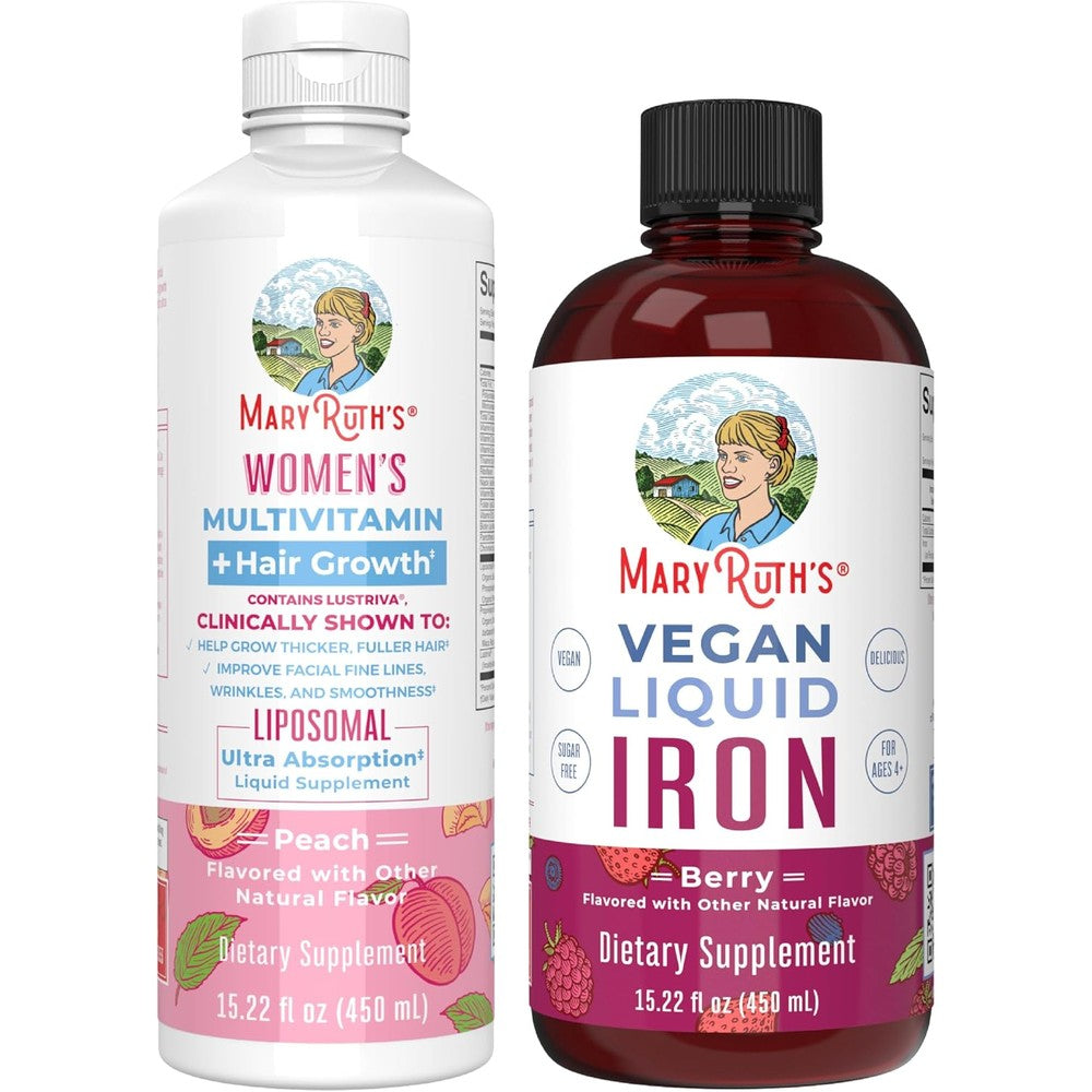 MaryRuth's Women's Multivitamin And Hair Growth Liposomal Peach And Iron Liquid Berry Bundle