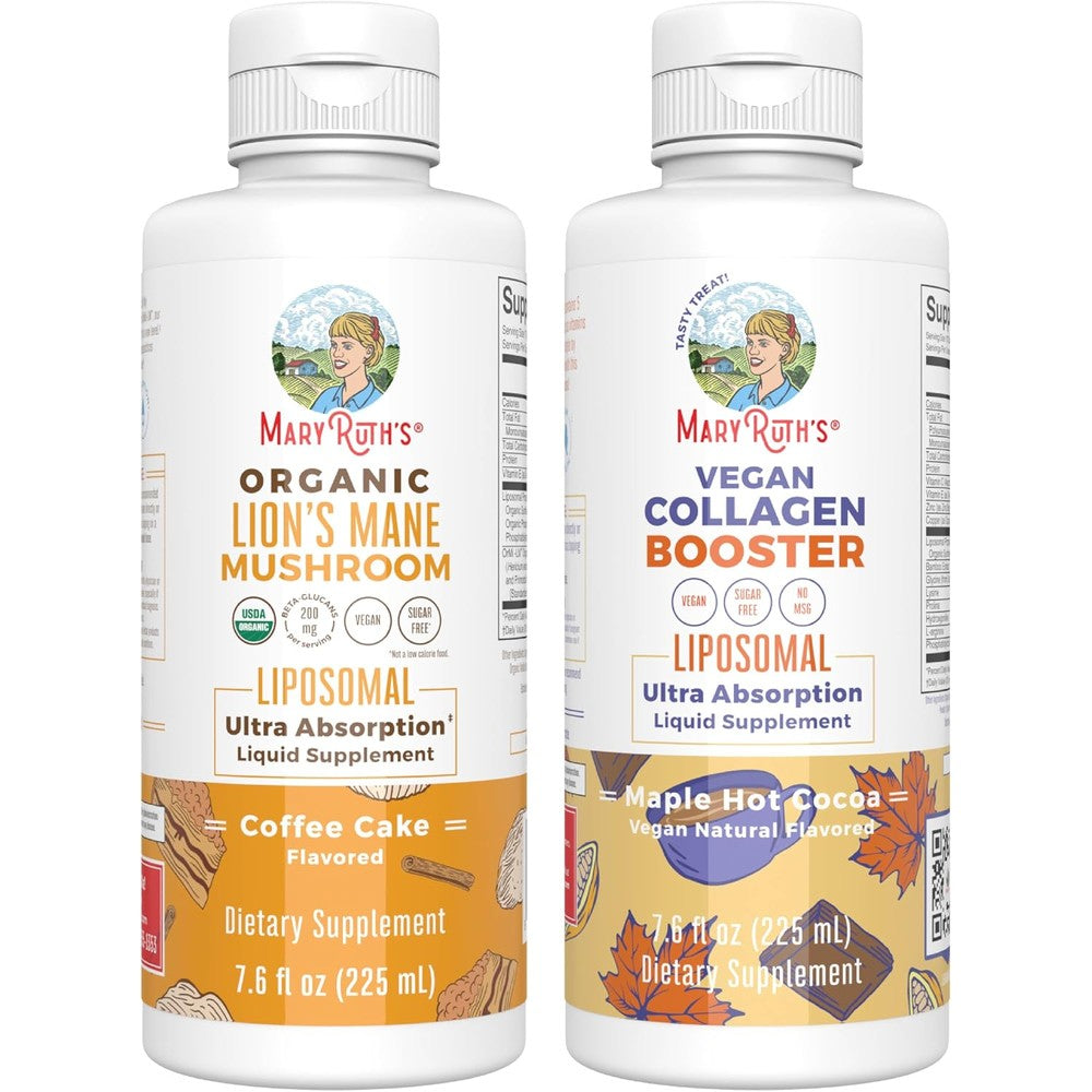 MaryRuth Organics Lion's Mane Liposomal Coffee Cake And Collagen Booster Liposomal Maple Hot Cocoa 7.6 Fluid Ounce Each