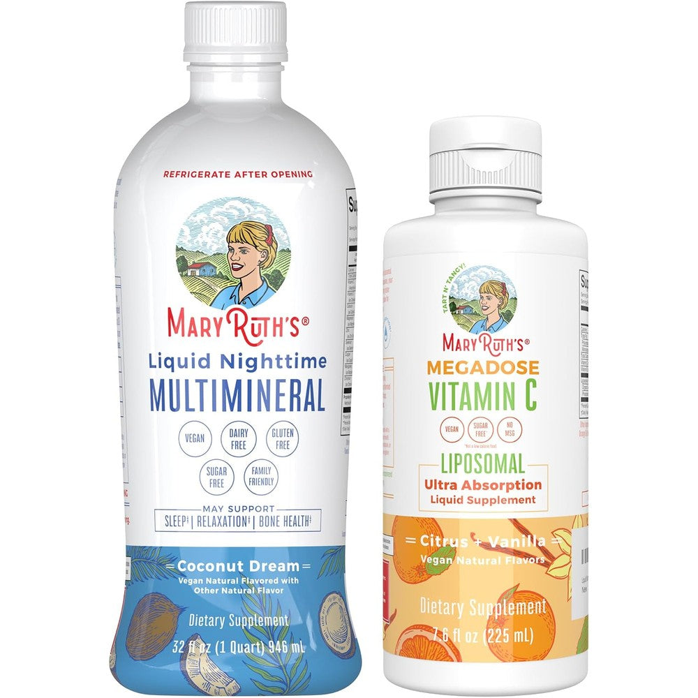 MaryRuth's Nighttime Multimineral Coconut Dream and Liposomal Vitamin C Citrus Vanilla Liquid Supplement Bundle 32 Fluid Ounce