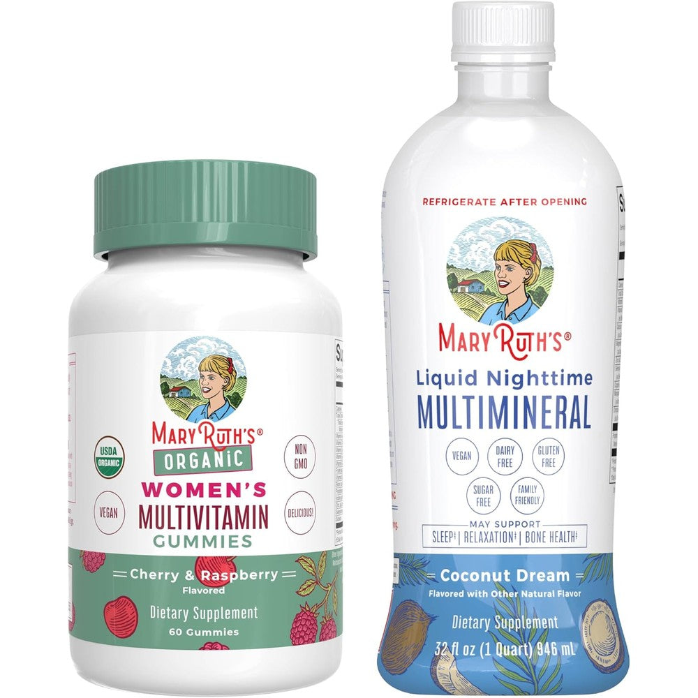 MaryRuth's Women's Multivitamin Gummies Cherry Raspberry and Liquid Nighttime Multimineral Coconut Dream 32 Fluid Ounce