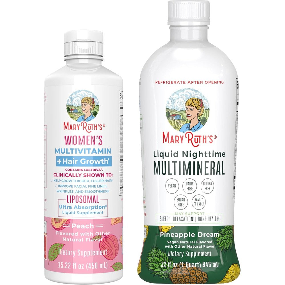 MaryRuth's Women's Multivitamin Plus Hair Growth Liposomal Peach And Liquid Nighttime Multimineral Pineapple Bundle