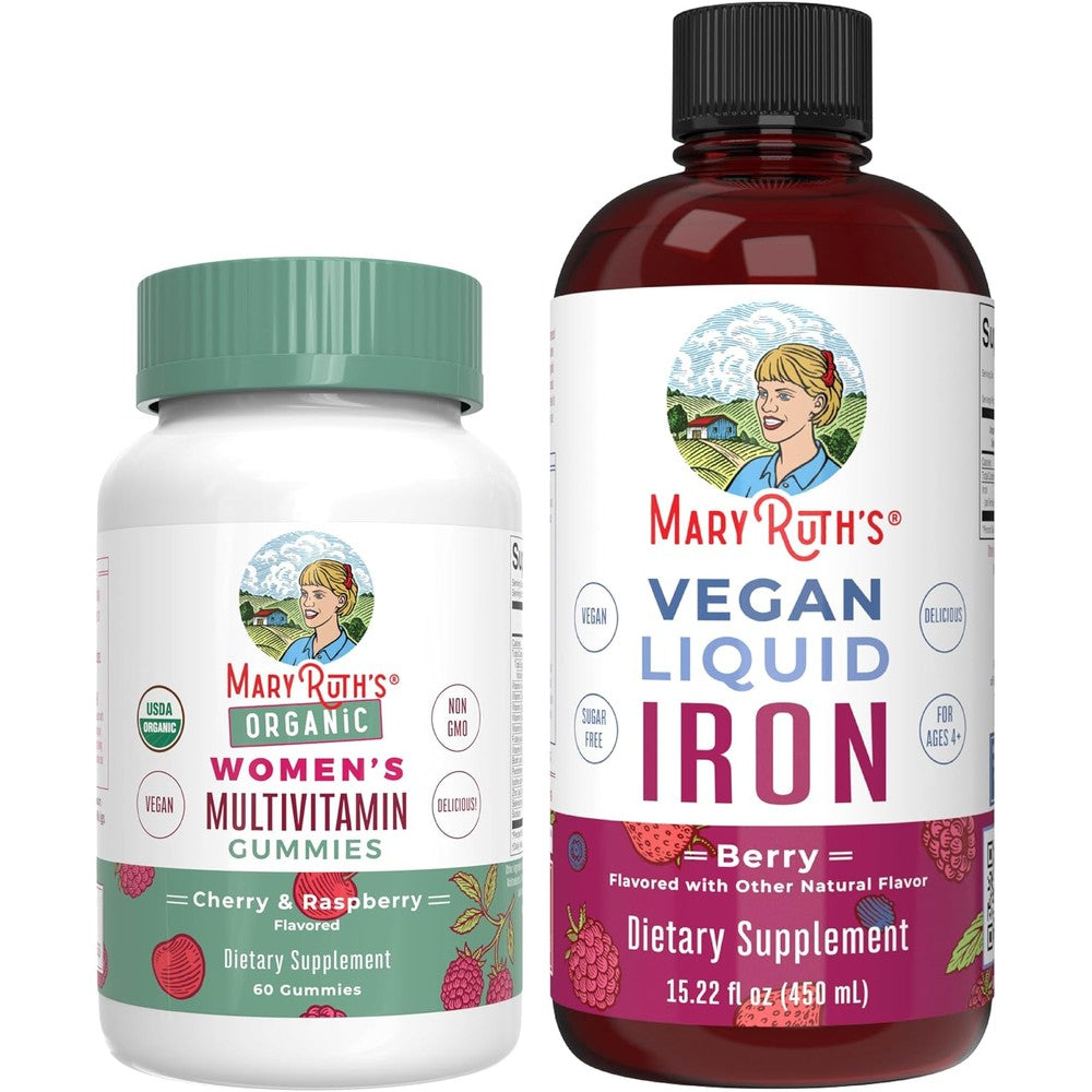 MaryRuth's Multivitamin Gummies For Women Cherry Raspberry And Iron Liquid Supplement Berry Clean Label Verified Bundle