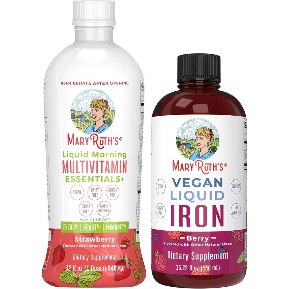 MaryRuth Organics Liquid Morning Multivitamin Strawberry and Liquid Iron Berry Bundle Clean Label Verified Vegan Supplement