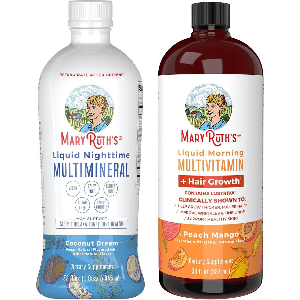 MaryRuth's Nighttime Multimineral Coconut 32 Ounce and Multivitamin Liquid Hair Growth Peach Mango 30 Fluid Ounce Bundle