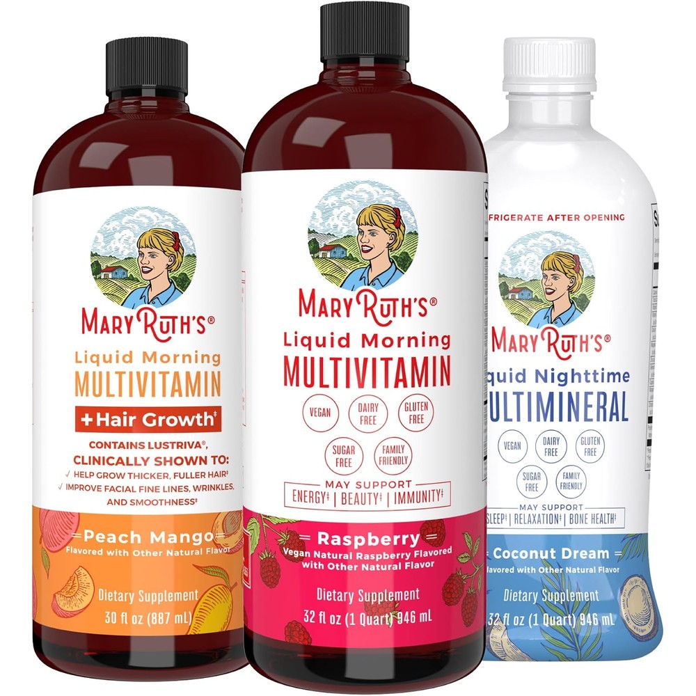 MaryRuth Organics Liquid Morning Multivitamins Plus Hair Growth Peach Mango Daily Wellness Raspberry And Nighttime Multimineral Coconut 32 Fluid Ounce