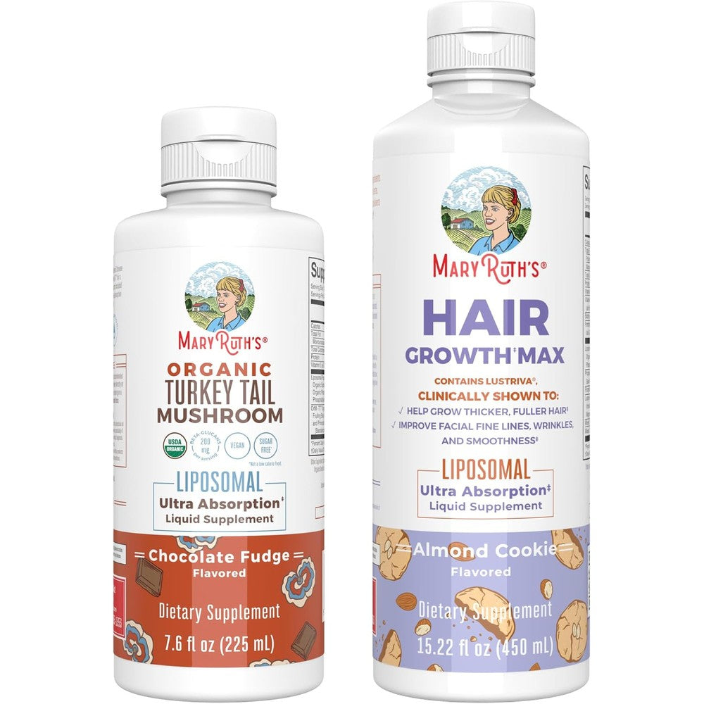 MaryRuth Organics Turkey Tail Mushroom Liposomal Chocolate Fudge And Hair Growth Max Almond Cookie Bundle