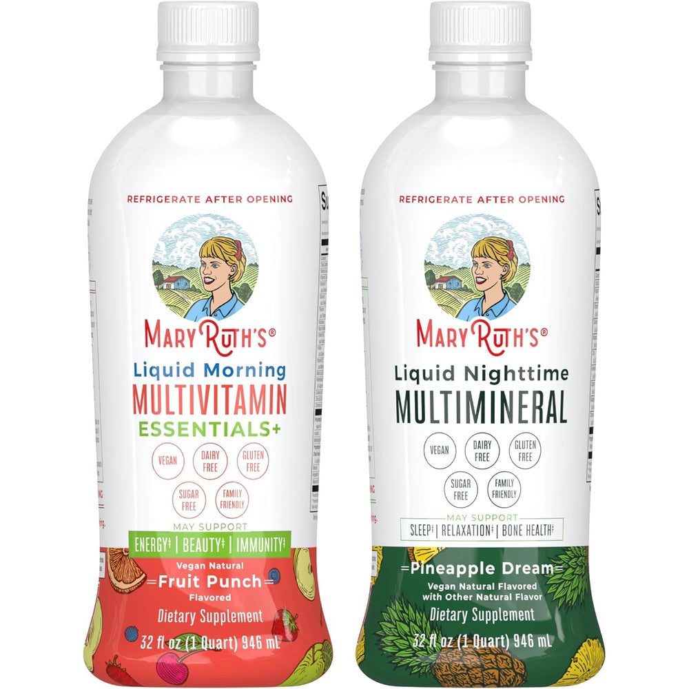 MaryRuth's Liquid Morning Multivitamin Fruit Punch And Liquid Nighttime Multimineral Pineapple 32 Fluid Ounce Bundle
