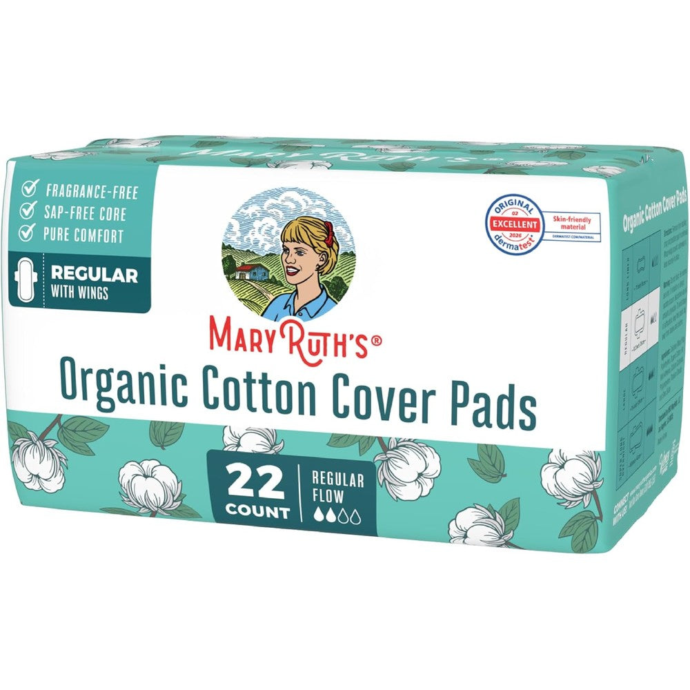 MaryRuth's Organic Cotton Cover Pads with Wings Regular Unscented Elemental Chlorine Free SAP Free Core 22 Count