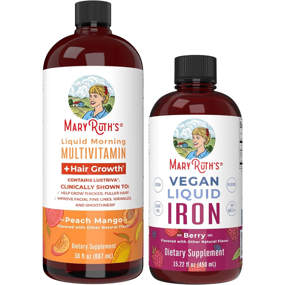 MaryRuth's Liquid Morning Multivitamin Plus Hair Growth Peach Mango 30 Fluid Ounce And Iron Liquid Berry Bundle