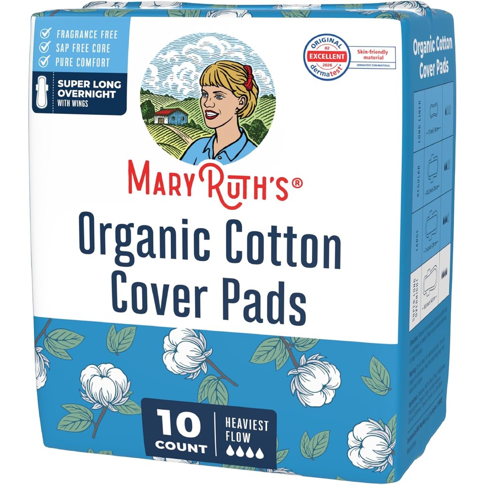 MaryRuth's Organic Cotton Cover Pads With Wings Overnight Unscented Elemental Chlorine Free 10 Count