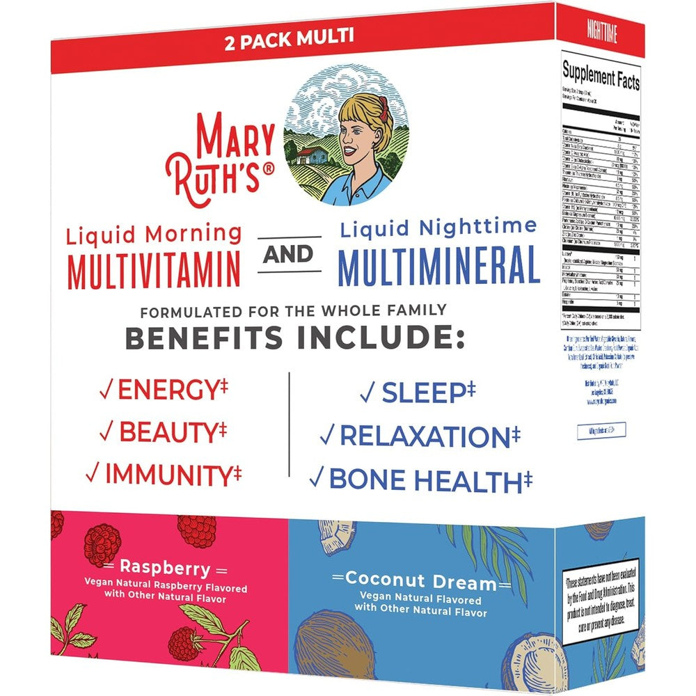 MaryRuth's Organics Liquid Morning Multivitamin And Liquid Nighttime Multimineral Bundle Raspberry And Coconut 32 Fluid Ounces Each