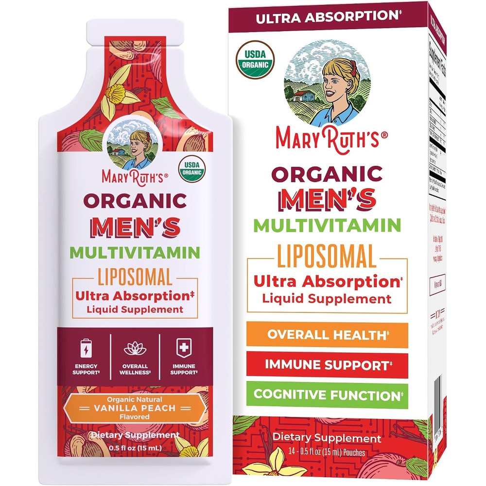 MaryRuth Organics Multivitamin For Men USDA Organic Sugar Free Liquid Liposomal Vanilla Peach Flavor Immune Support 14 Individual 0.5 Fluid Ounce P...