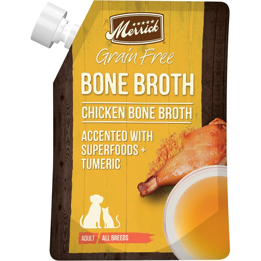 Merrick Grain Free Bone Broth Premium Human Grade Chicken Food Topper For Dogs And Cats 16 Ounce Pouch