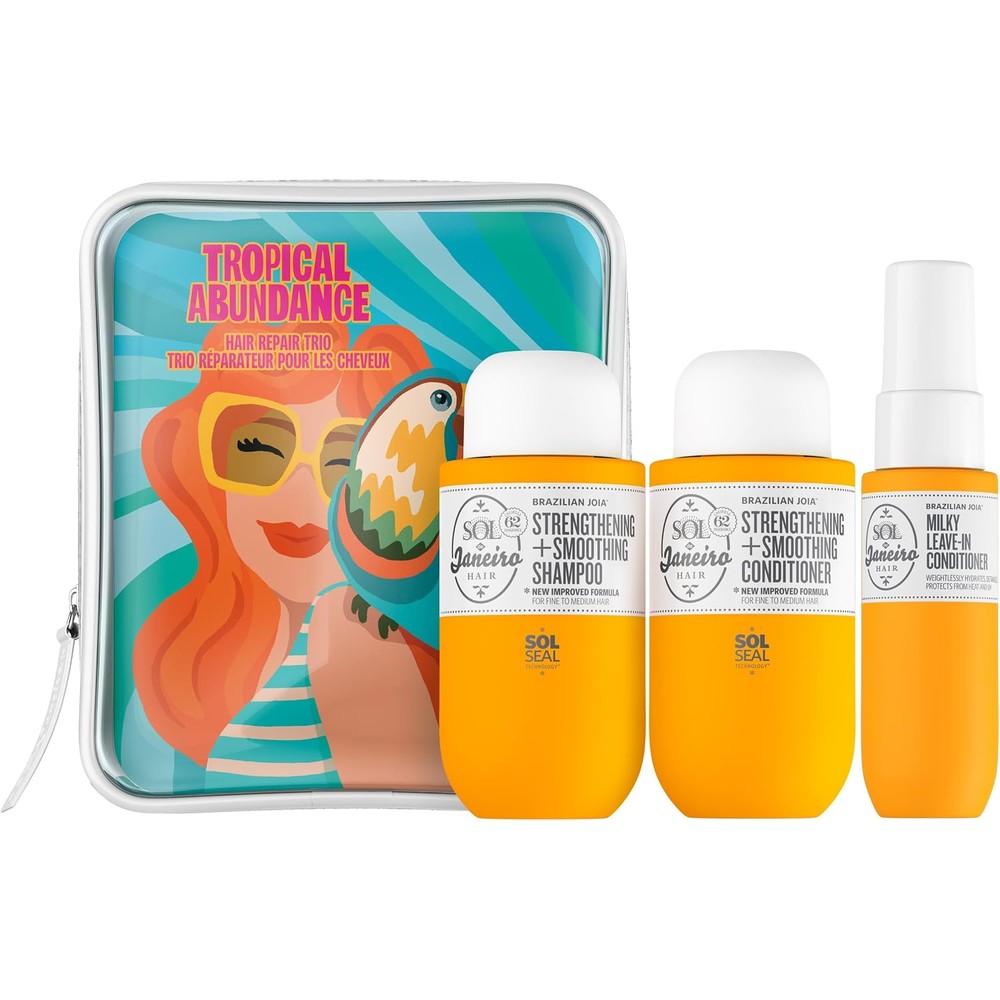 Sol De Janeiro Tropical Abundance Hair Repair Trio Travel Set With Brazilian Joia Shampoo Conditioner And Leave In Spray 7.1 Ounce