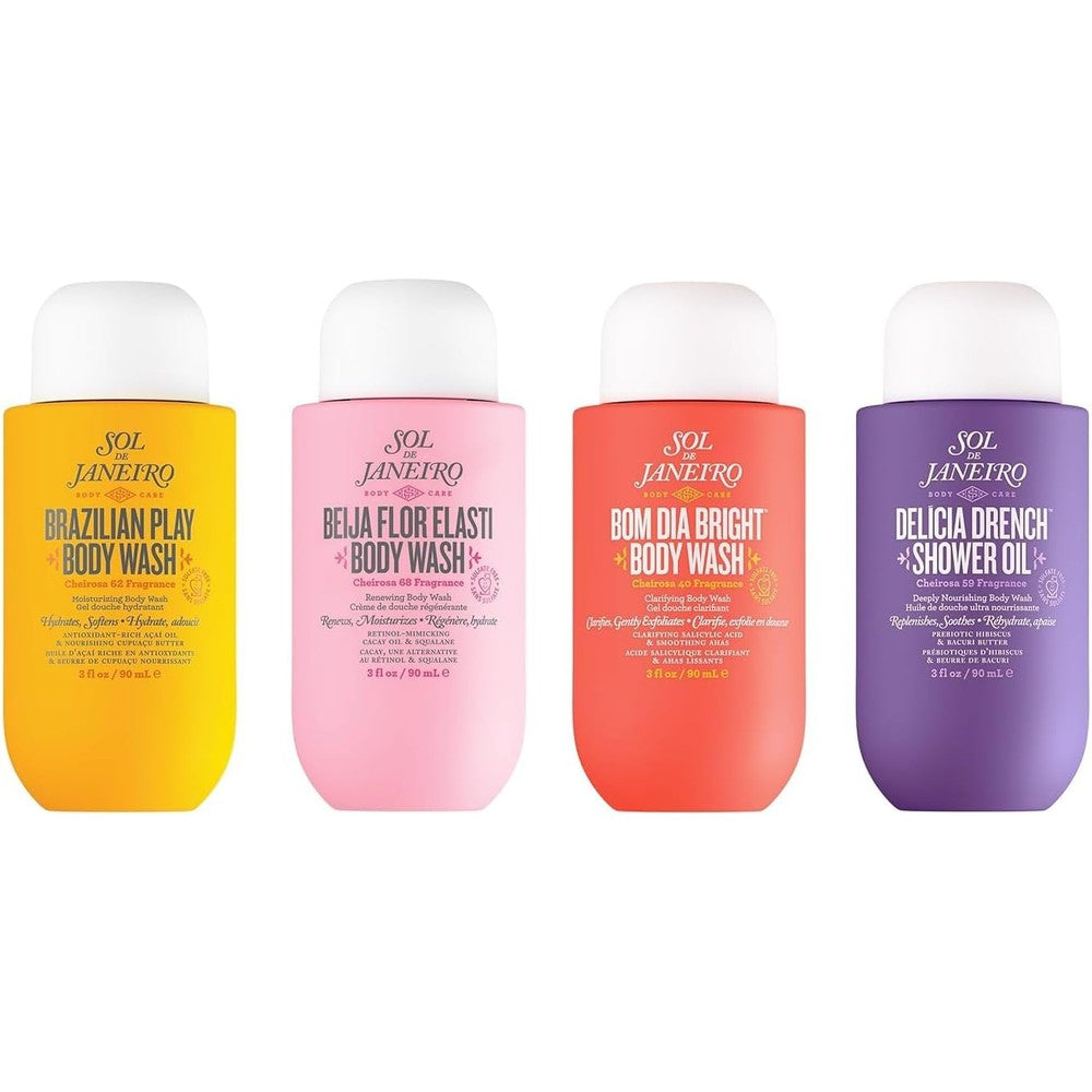 Sol De Janeiro Scent Your Shower Travel Size Quad Benefit Packed Body Wash Discovery Set Featuring Four Hydrating Formulas 3 Fluid Ounce Each