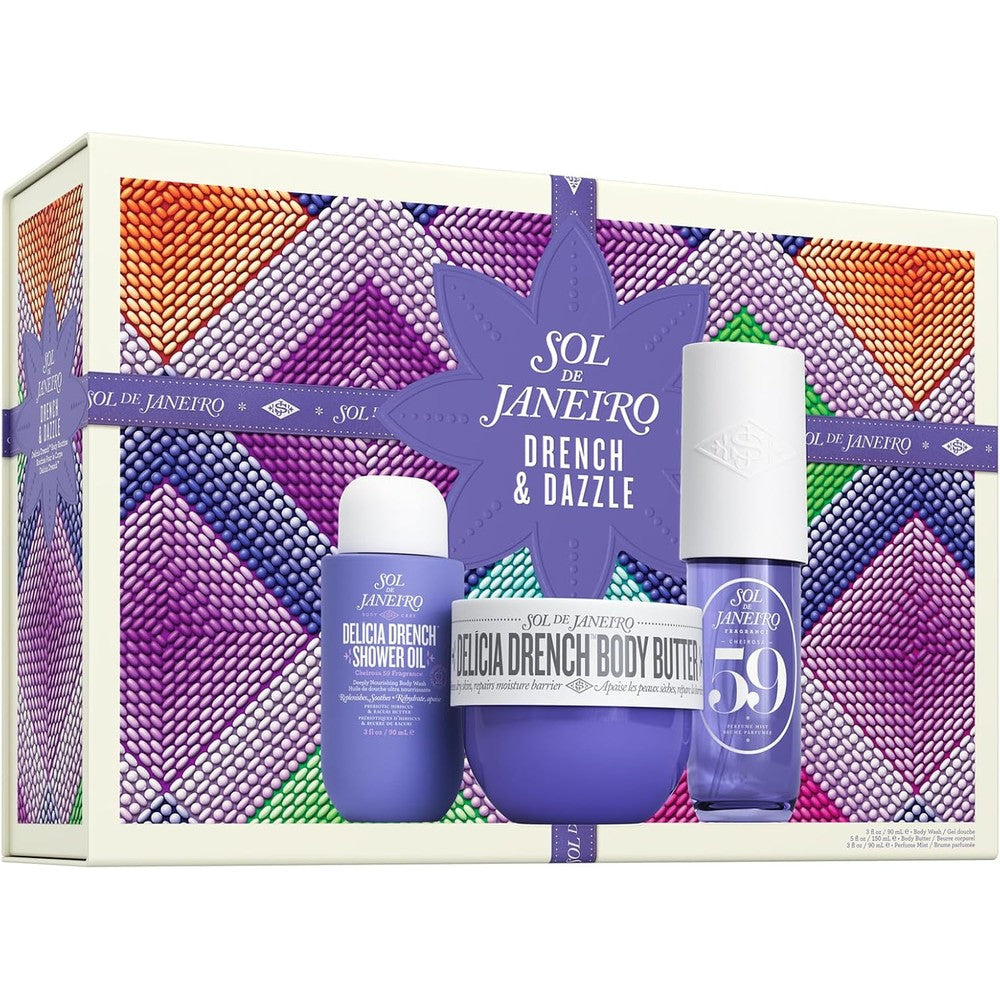 Sol de Janeiro Delicia Drench Vanilla Moisturizing Body Routine Gift Set for Women Includes Body Butter Shower Oil and Perfume Mist