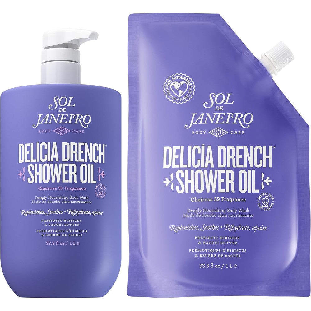 Sol de Janeiro Delicia Drench Moisturizing Shower Oil Body Wash And Refill Pouch Bundle Cheirosa 59 Scent 1 Liter Each Set