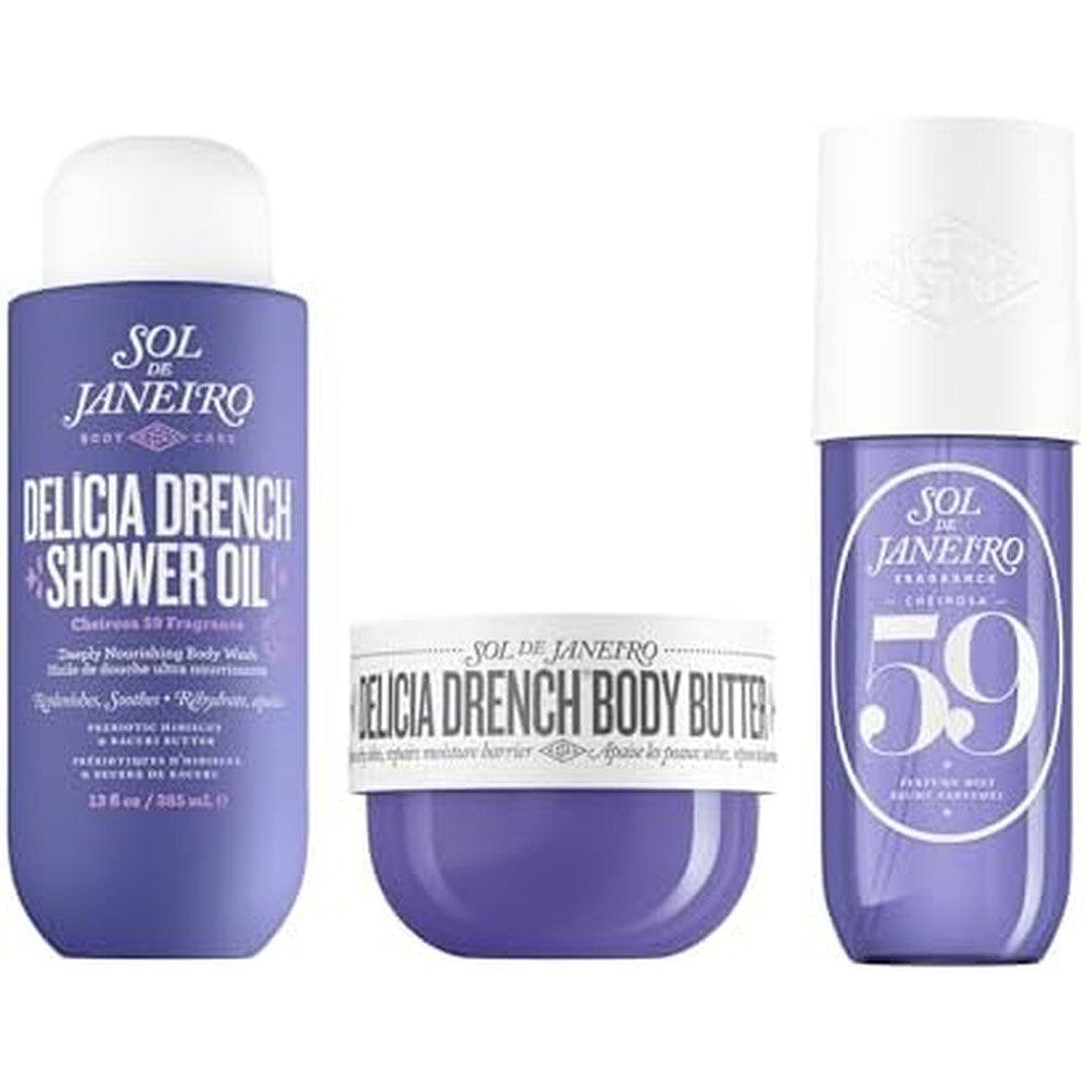 Sol De Janeiro Deeply Moisturizing Nighttime Body Care Routine Set With Delicia Drench Shower Oil Body Butter And Cheirosa 59 Mist