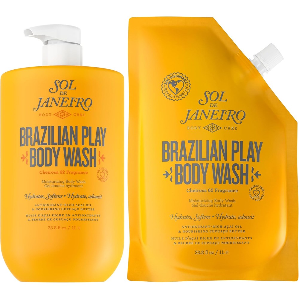Sol de Janeiro Brazilian Play Moisturizing Shower Cream Gel Body Wash 1 Liter Pump Bottle with 1 Liter Refill Pouch Set