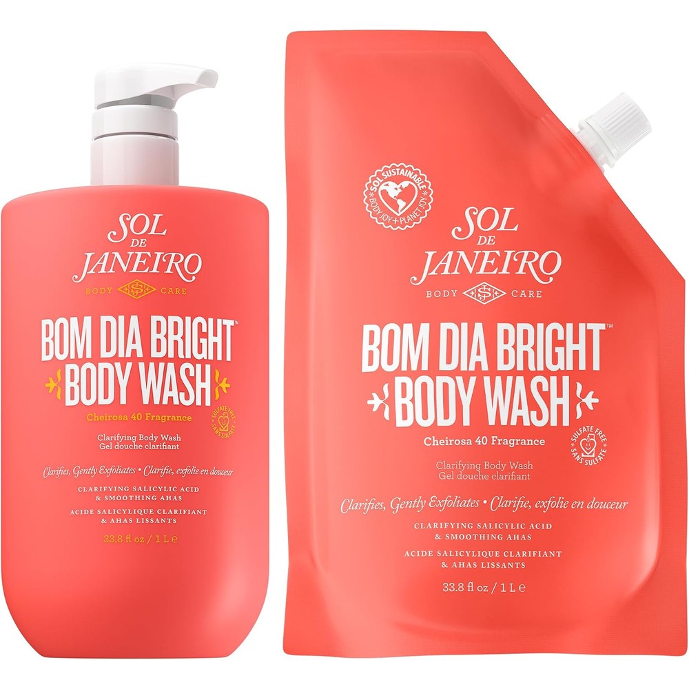 Sol de Janeiro Bom Dia Bright Clarifying Alpha Hydroxy Acid Beta Hydroxy Acid Body Wash And Refill Pouch Bundle 1 Liter Each