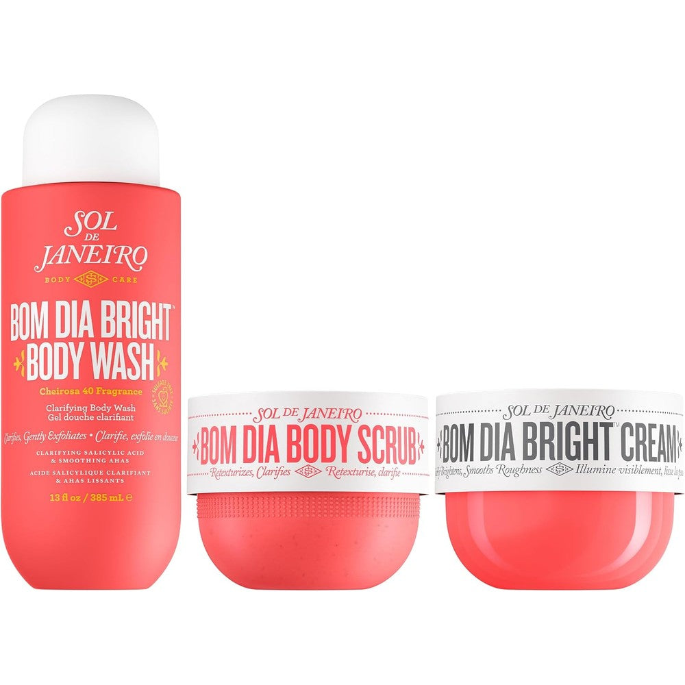 Sol de Janeiro Bom Dia Smoothing Body Routine for Bumpy Skin with AHA BHA Body Wash Body Scrub and Body Cream 3 Piece Set
