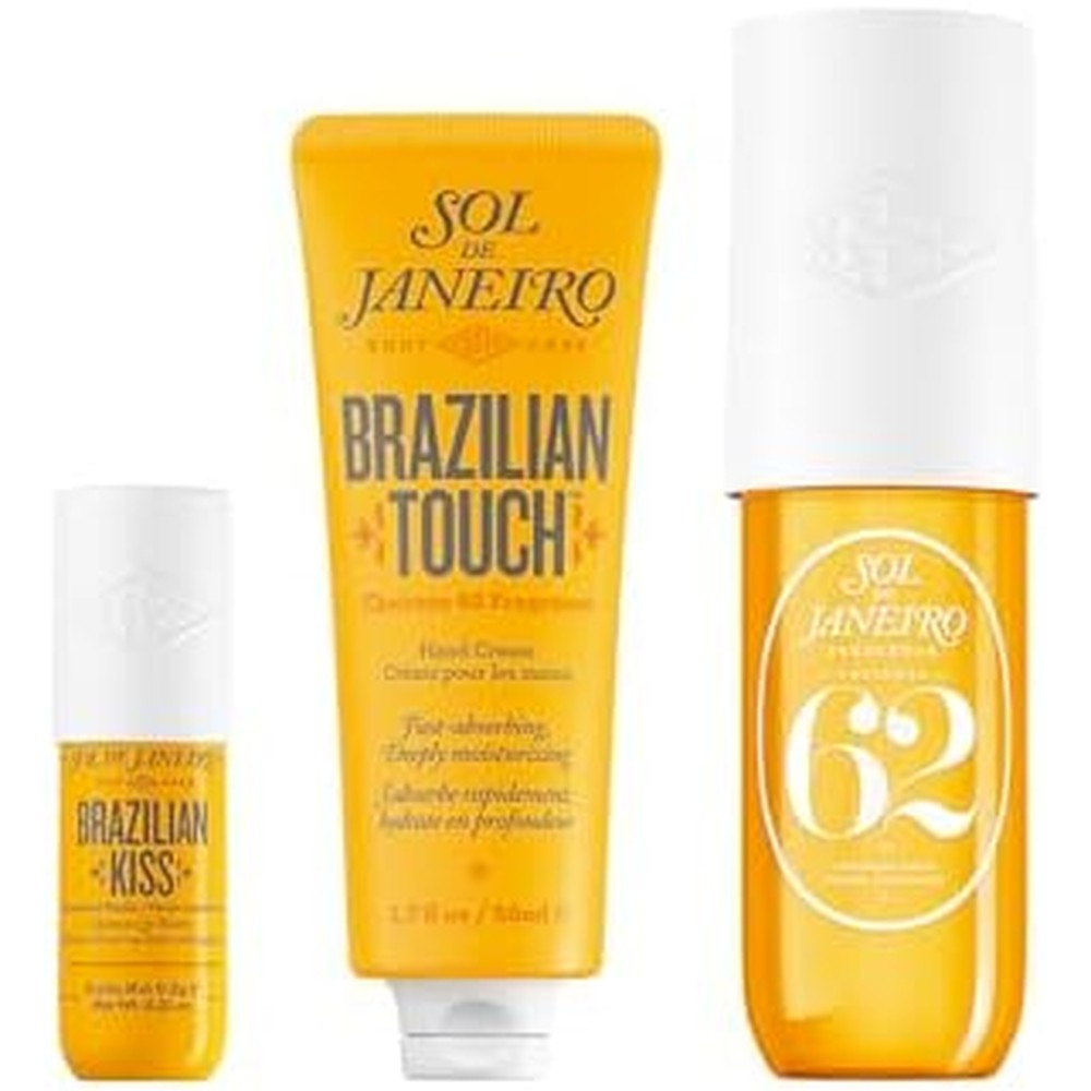 Sol de Janeiro Purse Essentials Travel Size Bundle Brazilian Kiss Lip Butter Brazilian Touch Hand Cream Cheirosa 62 Perfume Mist 3 Fluid Ounce